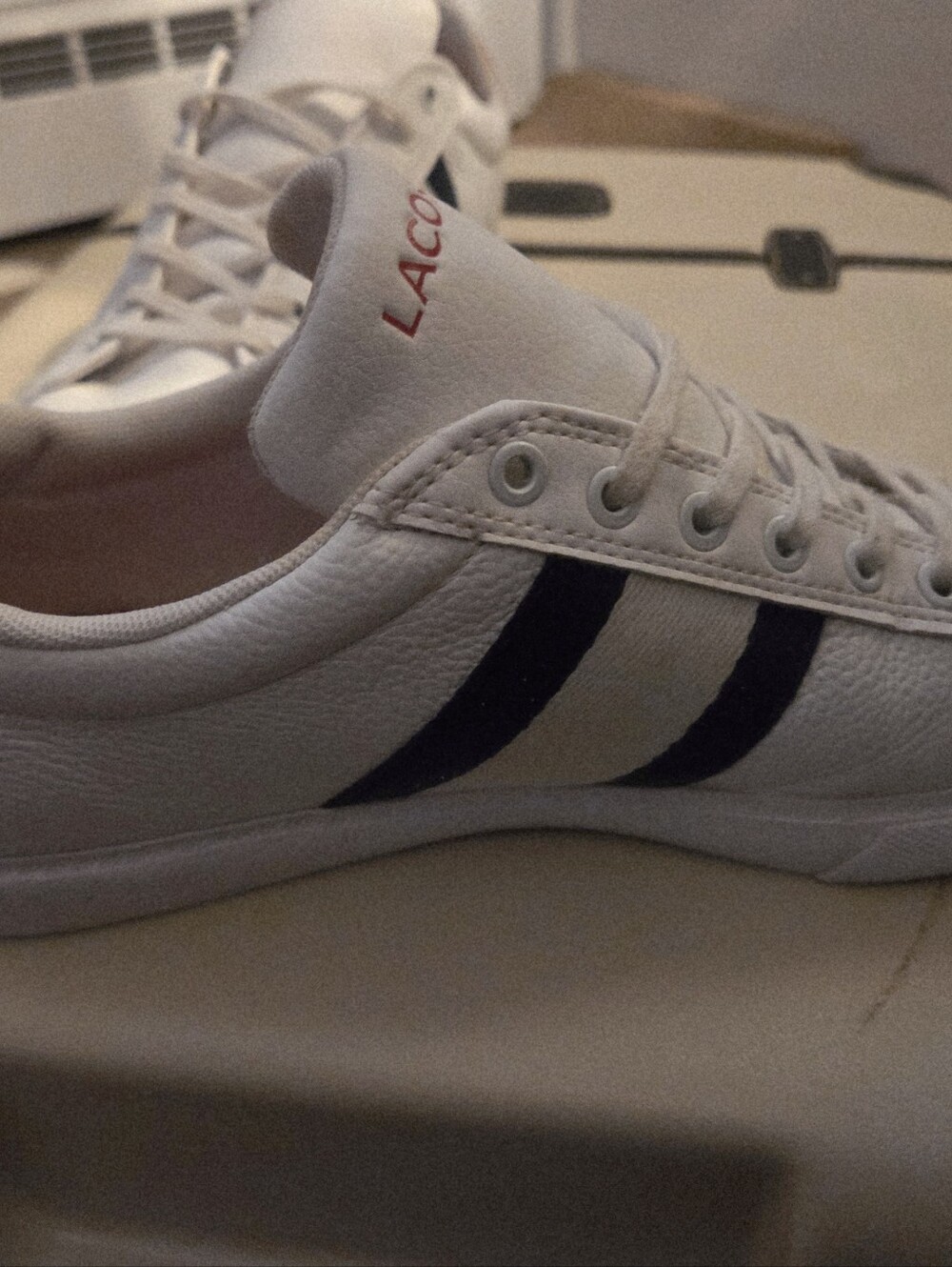Mens SZ8 Lacoste White Sneakers with Navy Stripes and Red Logo